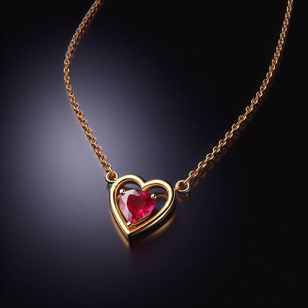 Gold necklace with a ruby in a heart