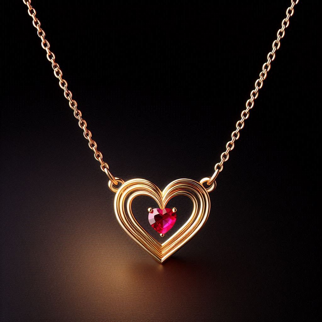 Gold necklace with a ruby in a heart